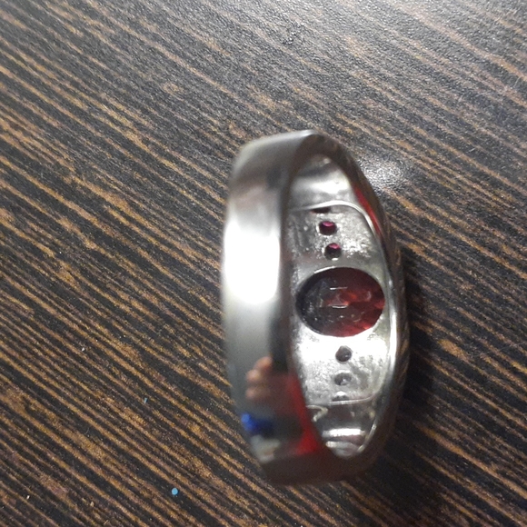 Men's Salmon Quartz & Ruby CZ Stainless Steel Ring - Picture 10 of 14